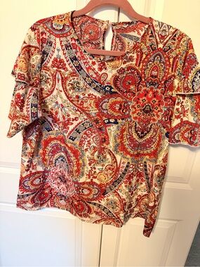 SHEIN Red Multi Paisley Short Sleeve Blouse